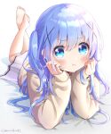  1girl :t bangs bare_legs barefoot blue_eyes blue_hair blush commentary eyebrows_visible_through_hair feet feet_up gochuumon_wa_usagi_desu_ka? hair_between_eyes hair_ornament head_rest kafuu_chino kafuu_chino&#039;s_school_uniform long_hair long_sleeves looking_at_viewer lying mozukun43 on_stomach one_side_up pleated_skirt pout school_uniform skirt sleeves_past_wrists solo the_pose twitter_username x_hair_ornament 