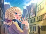  1girl :d akai_haato bangs blonde_hair blue_eyes blue_scarf blush bow braid brown_jacket city clouds commentary_request day eyebrows_visible_through_hair fingernails hair_bow hair_ornament hand_up heart heart_hair_ornament highres hololive jacket long_sleeves looking_at_viewer looking_back magowasabi medium_hair nail_polish open_mouth outstretched_hand plaid plaid_scarf red_bow red_nails scarf signature sky smile solo teeth twitter_username upper_teeth virtual_youtuber 