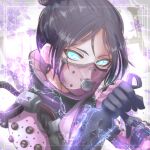  1girl absurdres apex_legends bangs black_hair blue_eyes bodysuit cable flower gloves glowing glowing_eyes hair_behind_ear hair_bun highres holding holding_knife kagamitsuka knife kunai looking_to_the_side mask mouth_mask parted_bangs pink_mask purple_flower solo upper_body weapon wraith_(apex_legends) 