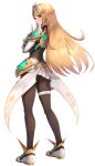  1girl absurdres armor arms_under_breasts ass bangs blonde_hair blush bodystocking breasts brown_legwear closed_mouth earrings elbow_gloves eyebrows_visible_through_hair faulds from_behind full_body gloves gonzarez highres jewelry large_breasts long_hair looking_at_viewer looking_back miniskirt mythra_(xenoblade) orange_eyes pleated_skirt shoulder_armor simple_background skirt solo standing straight_hair super_smash_bros. swept_bangs thigh_strap tiara upskirt very_long_hair white_background white_footwear white_gloves white_skirt xenoblade_chronicles_(series) xenoblade_chronicles_2 