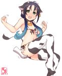  1girl alternate_costume anger_vein animal_ears animal_print artist_logo bell bikini black_hair commentary_request cow_ears cow_horns cow_print cow_tail cowbell cowboy_shot dated disembodied_limb ear_tag fake_animal_ears fake_horns flat_chest front-tie_top green_eyes highres holding horns kanon_(kurogane_knights) kantai_collection long_hair low_twintails one-hour_drawing_challenge open_mouth ribbon simple_background sitting suzukaze_(kancolle) swimsuit tail thigh-highs twintails white_background white_bikini white_legwear 