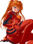  1girl arm_support ass blue_eyes blush breasts cle_masahiro commentary_request hair_between_eyes highres long_hair looking_at_viewer medium_breasts neon_genesis_evangelion orange_hair plugsuit simple_background sitting solo souryuu_asuka_langley white_background 