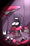  1girl absurdres bangs black_cloak black_hair book cloak closed_eyes commentary highres holding holding_book hollow_knight hololive hololive_english horns long_hair looking_at_another mushroom music musical_note ninomae_ina&#039;nis on_lap open_book signature singing sitting smile striped sunlight taphris teeth virtual_youtuber weapon 