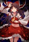  1girl ascot bow brown_hair collarbone commentary_request detached_sleeves e.o. eyebrows_visible_through_hair hair_bow hair_tubes hakurei_reimu hand_up highres long_hair looking_at_viewer midriff navel orange_eyes petals red_bow solo thighs touhou yellow_neckwear 