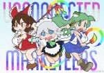  3girls apron ascot bare_shoulders blue_eyes boots bow braid brown_eyes brown_hair card chestnut_mouth cirno collared_shirt detached_sleeves english_commentary frog_hair_ornament gohei green_eyes green_hair green_neckwear green_ribbon grey_hair hair_bow hair_ornament hair_tubes hakurei_reimu highres izayoi_sakuya karaagetarou_(style) knife kochiya_sanae maid_headdress md5_mismatch multiple_girls open_mouth parody quariumarts rainbow red_skirt ribbon ribbon_trim shirt skirt snake_hair_ornament style_parody touhou twin_braids twitter_username unconnected_marketeers white_skirt yellow_neckwear 