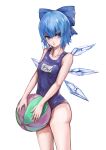  1girl absurdres ball bare_legs beachball blue_bow blue_eyes blue_swimsuit blush bow breasts character_name chinese_commentary cirno collarbone covered_navel cowboy_shot detached_wings eyebrows_visible_through_hair hair_between_eyes hair_bow highres holding holding_ball holding_beachball ice ice_wings light_blue_hair looking_at_viewer morinosuke name_tag one-piece_swimsuit open_mouth school_swimsuit short_hair simple_background sleeveless small_breasts solo swimsuit thighs touhou white_background wings 