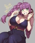  1girl 2021 agawa_ryou bracelet braid breasts commentary english_commentary green_eyes grey_background hood hoodie jewelry large_breasts looking_at_viewer original pointy_ears purple_hair simple_background solo 