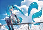  1girl absurdly_long_hair aqua_eyes aqua_hair aqua_nails aqua_neckwear bare_shoulders black_legwear black_skirt black_sleeves chain-link_fence clouds cloudy_sky commentary day detached_sleeves feet_out_of_frame fence floating_hair grey_shirt hair_ornament hatsune_miku headphones headset heridy highres long_hair looking_at_viewer miniskirt nail_polish necktie open_mouth outdoors pleated_skirt shirt shoulder_tattoo sitting_on_fence skirt sky sleeveless sleeveless_shirt smile solo tattoo thigh-highs twintails very_long_hair vocaloid zettai_ryouiki 