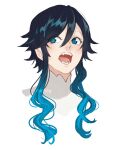 1boy bangs black_hair blue_hair eyebrows_visible_through_hair fangs genshin_impact gradient_hair green_eyes k3r2g looking_to_the_side male_focus multicolored_hair open_mouth short_hair_with_long_locks simple_background slit_pupils solo venti_(genshin_impact) white_background 