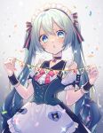  1girl 2021 alternate_costume apron aqua_nails arms_up bangs bare_shoulders blue_eyes choker collarbone confetti dated dress enmaided eyebrows_visible_through_hair frills goshi-san grey_background hair_between_eyes hair_ribbon hatsune_miku heart highres long_hair looking_at_viewer maid maid_headdress multicolored multicolored_nails nail_polish parted_lips pennant pinafore_dress pink_nails pink_neckwear puffy_short_sleeves puffy_sleeves ribbon short_sleeves solo striped twintails upper_body very_long_hair vocaloid waist_apron watermark wrist_cuffs 