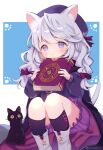  1girl animal animal_ears black_cat bloomers book boots cape cat cat_ears cat_tail closed_mouth commission full_body grimoire hat highres holding holding_book light_purple_hair long_hair long_sleeves marekamico original sitting skeb_commission tail twitter_username underwear violet_eyes wavy_hair 