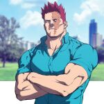  1boy alternate_costume aqua_shirt blue_eyes blurry blurry_background boku_no_hero_academia crossed_arms facial_hair frown highres large_pectorals male_cleavage male_focus mature_male muscular muscular_male partially_unbuttoned redhead scar scar_across_eye shirt short_hair short_sleeves sideburns solo spiky_hair stubble todoroki_enji u2suke upper_body 