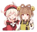  2girls :d bangs bell blonde_hair blush braid brown_hair cabbie_hat closed_eyes cropped_torso dress eyebrows_visible_through_hair feathers genshin_impact hair_bell hair_between_eyes hair_ornament hair_rings hand_up hat hat_feather jingle_bell klee_(genshin_impact) long_hair long_sleeves looking_at_viewer low_twintails multiple_girls open_mouth red_dress red_eyes red_headwear shirt simple_background sleeveless sleeveless_dress smile tutsucha_illust twintails upper_body white_background white_feathers white_shirt yaoyao_(genshin_impact) 