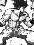  1boy abs aura belt biceps clenched_hands dougi dragon_ball dragon_ball_z fighting_stance greyscale highres male_focus monochrome muscular muscular_male pectorals powering_up solo son_goku spiky_hair topless torn_clothes veins xfiro 