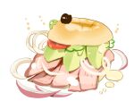  animal artist_name avocado bagel bell_pepper bird chai commentary_request food food_focus highres in_food mayonnaise meat no_humans on_food onion original pepper sandwich sauce signature simple_background solid_oval_eyes tomato undersized_animal white_background 