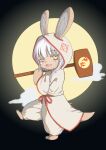  1other :3 absurdres asymmetrical_hair barefoot ears_through_headwear from_side full_body furry hammer highres holding holding_hammer hood hood_up horizontal_pupils jiliang_jiying_yumao looking_at_viewer looking_to_the_side made_in_abyss mid-autumn_festival nanachi_(made_in_abyss) red_ribbon ribbon ringed_eyes sidelocks smile solo standing standing_on_one_leg tail whiskers white_hair yellow_eyes 