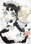  1girl a_a2001214 apron bell black_dress black_hair blue_eyes bottle braid commentary_request cow dress english_text fake_horns food highres holding holding_plate horns ice_cream looking_at_viewer maid_apron maid_headdress medium_hair milk milk_bottle neck_bell octoling octoling_girl open_mouth parted_lips plate simple_background solo splatoon_(series) tentacle_hair white_background 