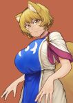  1girl absurdres animal_ears bangs blonde_hair breasts brown_background chanta_(ayatakaoisii) dress expressionless fox_ears fox_tail highres large_breasts looking_at_viewer short_hair short_sleeves simple_background solo sweatdrop tabard tail touhou upper_body white_dress yakumo_ran yellow_eyes 