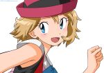  1girl artist_name blue_eyes blue_ribbon blush clenched_hand commentary_request dated eyelashes hand_up hat kibisakura2 light_brown_hair looking_back open_mouth pokemon pokemon_(anime) pokemon_xy_(anime) purple_headwear ribbon serena_(pokemon) short_hair simple_background sleeveless smile solo tongue white_background 