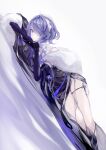  1girl absurdres arknights capelet dress fur-trimmed_capelet fur_trim gloves hair_over_one_eye highres lying pelvic_curtain purple_gloves purple_hair qiangjitong short_hair solo violet_eyes whisperain_(arknights) whisperain_(tremble_cold)_(arknights) 