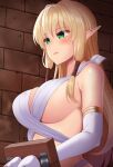  1girl bangs bare_shoulders blonde_hair blush breasts brick_wall closed_mouth elbow_gloves elf eyebrows_visible_through_hair from_side gloves green_eyes huyumitsu large_breasts lips long_hair looking_ahead original pointy_ears sideboob solo tied_hair upper_body white_gloves 