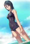  1girl bangs black_eyes black_hair black_swimsuit bleach blue_sky blush breasts breasts_apart clouds covered_nipples day hair_between_eyes highres kuchiki_rukia ocean outdoors parted_lips school_swimsuit shiny shiny_hair shiny_skin short_hair sky small_breasts solo summer swimsuit wading 