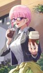  1girl :d absurdres alternate_eye_color bangs bespectacled black_jacket blazer blush breasts building cardigan cardigan_around_waist clothes_around_waist coffee coffee_cup collared_shirt commentary_request cowboy_shot cup disposable_cup drinking_straw eyebrows_visible_through_hair frappuccino glasses go-toubun_no_hanayome green_skirt hair_between_eyes highres holding holding_cup jacket large_breasts long_sleeves looking_at_viewer nakano_ichika open_blazer open_clothes open_jacket open_mouth outdoors pink_hair plant pleated_skirt school_uniform shirt short_hair sidelocks skirt smile solo sooon standing twitter_username upper_teeth violet_eyes white_shirt yellow_cardigan 