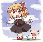  1girl ;o animal blonde_hair blush chibi clouds flower hair_ribbon long_sleeves looking_at_viewer neckwear one_eye_closed open_mouth outstretched_arms pig puffy_sleeves red_eyes red_footwear red_neckwear ribbon rokugou_daisuke rumia skirt spread_arms standing touhou 