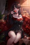  1girl absurdres black_dress black_hair cake choker collar collarbone couch dress earrings food frilled_collar frills gem hair_ornament hairband highres jewelry long_hair looking_at_viewer original parted_lips pippin_sol red_eyes sitting 
