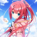 1girl black_shirt blue_sky braid cariboy closed_mouth clouds cloudy_sky day high_ponytail hood hood_down hooded_jacket horns jacket kamiyama_shiki long_hair looking_at_viewer looking_to_the_side outdoors pink_jacket ponytail redhead shirt sky smile solo summer_pockets upper_body very_long_hair 