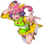 1girl :d animal_ears boots curly_hair dress full_body green_shirt highres ichi_orgin looking_at_viewer multicolored multicolored_eyes multicolored_hair open_mouth original outstretched_hand pink_hair pleated_skirt purple_hair shirt short_hair simple_background single_bare_leg single_thighhigh skirt smile solo thigh-highs v white_background white_footwear white_legwear yellow_dress 
