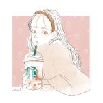  1girl brown_eyes brown_hairband brown_sweater coffee coffee_cup cup disposable_cup drinking_straw hairband highres long_hair looking_at_viewer oh_haruca original parted_lips solo starbucks sweater upper_body white_hair 
