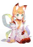  1girl absurdres animal_ears bangs blue_eyes blunt_bangs colored_skin detached_sleeves fox_ears full_body hair_ornament hairclip highres japanese_clothes jiliang_jiying_yumao joints kimono looking_at_viewer low_twintails medium_hair orange_hair original parted_lips red_skin robot_joints seiza simple_background sitting solo twintails white_background white_kimono x_hair_ornament 