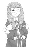  1girl ^_^ closed_eyes drill_hair fire_emblem fire_emblem:_three_houses greyscale hair_ornament hand_on_own_stomach kuhuku006f86 long_hair monochrome open_mouth pregnant smile solo 