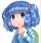  1girl :o backpack bag bangs blue_dress blue_eyes blue_hair collared_dress commentary_request dress eyebrows_visible_through_hair hair_bobbles hair_ornament hand_up kawashiro_nitori long_sleeves looking_at_viewer monosenbei parted_lips solo sweat touhou two_side_up upper_body white_background 
