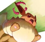  4o080_yotabnc brown_eyes commentary_request eevee fluffy gen_1_pokemon gigantamax gigantamax_eevee green_background highres no_humans open_mouth pokemon pokemon_(creature) pokemon_(game) pokemon_swsh solo two-tone_background white_background 