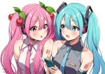  2girls :d :o amagi_shino aqua_eyes aqua_hair aqua_nails aqua_neckwear artist_name bare_shoulders black_sleeves blush cellphone cherry_hair_ornament collarbone commentary_request detached_sleeves dual_persona food_themed_hair_ornament grey_shirt hair_ornament hatsune_miku headphones headset highres holding holding_phone leaf long_hair looking_at_another multiple_girls nail_polish necktie open_mouth phone pink_eyes pink_hair pink_neckwear pink_sleeves sakura_miku shirt shoulder_blush shoulder_tattoo side-by-side sleeveless sleeveless_shirt smartphone smile tattoo twintails upper_body very_long_hair vocaloid white_background 