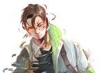  1boy apex_legends black_eyes black_hair black_shirt collared_shirt crypto_(apex_legends) glasses grey_jacket hair_between_eyes highres jacket looking_at_viewer looking_down male_focus pasojo shirt solo transformation upper_body white_shirt 
