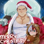  2boys alternate_costume animal_costume beard blue_eyes boku_no_hero_academia christmas facial_hair father_and_son hat jacket kaiki_(osuppai) large_pectorals male_cleavage male_focus mature_male merry_christmas multiple_boys muscular muscular_male open_clothes open_jacket red_jacket redhead reindeer_costume santa_costume santa_hat shirt short_hair sideburns snowing stubble todoroki_enji todoroki_shouto upper_body white_shirt 