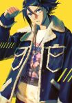  1boy alternate_costume blue_eyes blue_hair clenched_hand denim denim_jacket fashion fur_trim graphic_shirt hair_behind_ear hair_between_eyes hair_ornament hairclip hayate_immelmann highres jewelry leaning_back looking_at_viewer macross macross_delta male_focus mosako necklace parted_lips shirt solo v-shaped_eyebrows white_shirt yellow_background 