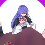  anger_vein card commentary english_commentary featherine_augustus_aurora frederica_bernkastel holding holding_card lambdadelta long_hair out_of_frame playing_card pmagosh purple_hair shaded_face simple_background table umineko_no_naku_koro_ni uno_(game) violet_eyes wide_sleeves 