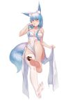  1girl absurdres animal_ear_fluff animal_ears artist_request bare_arms bare_legs bare_shoulders barefoot blue_hair breasts cat_ears cat_tail china_dress chinese_clothes chocolate copyright_request dress feet highres large_breasts long_hair looking_at_viewer no_shoes red_eyes short_dress socks soles tail thigh-highs toes white_background white_legwear 