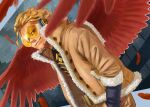  1boy 4o080_yotabnc blonde_hair boku_no_hero_academia commentary_request facial_hair feathered_wings feathers fur_trim goggles hands_in_pockets hawks_(boku_no_hero_academia) headphones highres jacket male_focus red_eyes red_feathers red_wings solo stubble tinted_eyewear wings yellow-tinted_eyewear 