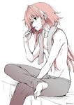  1boy asazuki_norito astolfo_(fate) barefoot brushing_teeth commentary_request crossed_legs fate/grand_order fate_(series) long_hair male_focus navel pants pink_hair shirtless solo spot_color towel towel_around_neck twitter_username 
