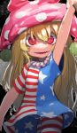  1girl arm_above_head arm_up blonde_hair breasts clownpiece cowboy_shot crazy_eyes highres long_hair looking_at_viewer red_eyes ringed_eyes small_breasts solo thigh_gap touhou zakozako_y 