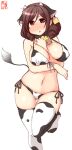  1girl alternate_costume animal_ears animal_print artist_logo bikini blush breasts brown_hair commentary_request covered_nipples cow_ears cow_horns cow_print cow_tail cowboy_shot dated drill_hair ear_tag fake_animal_ears fake_horns front-tie_top harukaze_(kancolle) highres horns kanon_(kurogane_knights) kantai_collection large_breasts long_hair looking_at_viewer nose_blush one-hour_drawing_challenge red_eyes side-tie_bikini simple_background solo standing standing_on_one_leg swimsuit tail thigh-highs thigh_gap twin_drills white_background white_bikini white_legwear 