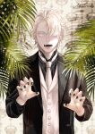  1boy bangs claw_pose fangs formal hair_over_one_eye highres looking_at_viewer nail_polish nanahituzi necktie original pale_skin plant polka_dot_trim shirt solo striped striped_shirt suit vampire white_eyes white_hair 