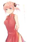  1girl :d arms_behind_back blue_eyes blush bun_cover china_dress chinese_clothes cowboy_shot double_bun dress floating_hair gintama kagura_(gintama) light_brown_hair nuka open_mouth red_dress shiny shiny_hair short_hair side_slit simple_background sketch sleeveless sleeveless_dress smile solo standing tears white_background 