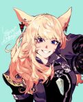  1girl animal_ears blonde_hair blue_background cat_ears earrings final_fantasy final_fantasy_xiv hand_up jacket jewelry long_hair long_sleeves looking_at_viewer miqo&#039;te pigeon666 purple_jacket smile solo upper_body violet_eyes whisker_markings 