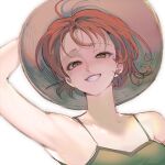  1girl arm_up blush brown_eyes camisole closed_mouth commentary eyelashes green_camisole grin hand_on_headwear hat lips looking_at_viewer nami_(one_piece) one_piece orange_hair portrait runa_(artist) short_hair simple_background sleeveless smile solo spaghetti_strap straw_hat teeth white_background wind 